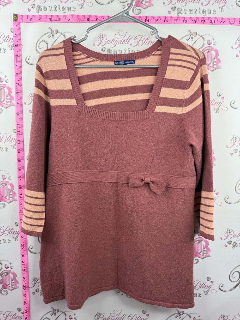 Thyme Maternity top Rose and Blush Striped Square-Neck Sweater with Bow